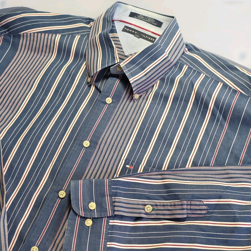 Vintage Y2k Tommy Hilfiger  Multi-Striped Button Down Shirt Men's XXL Navy Red